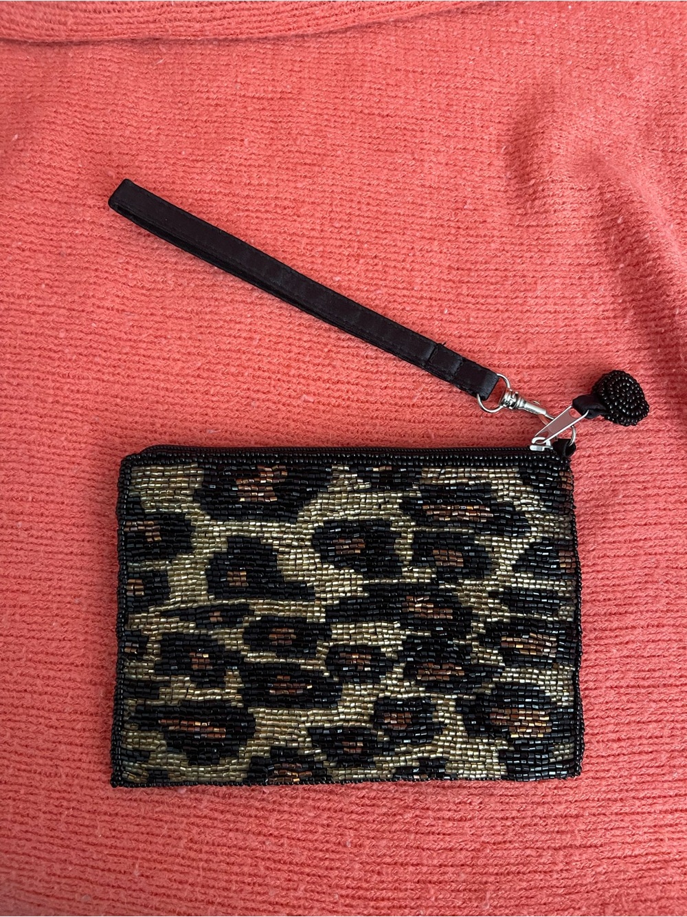 Beaded Leopard Print Wristlet Pouch - Black & Gold